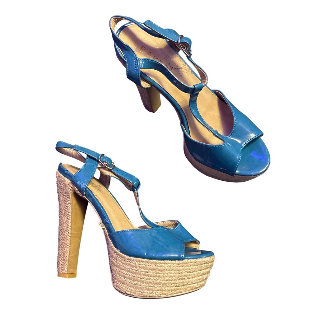 Bakers Teal Patent T Strap Platform Heels Y2K Peep Toe Size 8.5